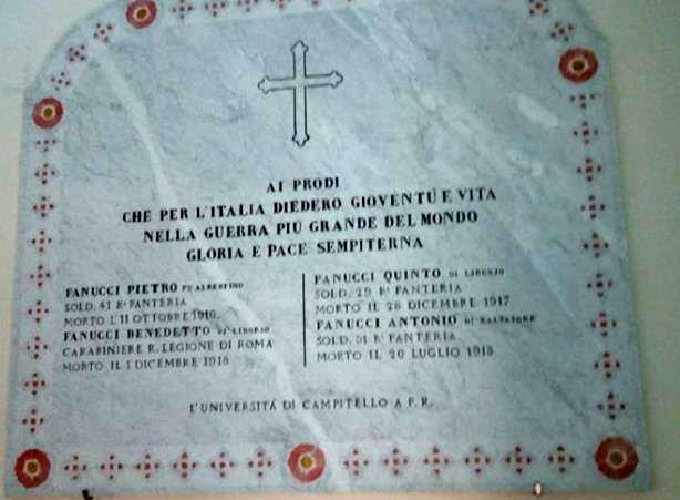ELENCO dei FANUCCI morti nella prima guerra mondiale -  Lapide conservata nella chiesa di Campitello
